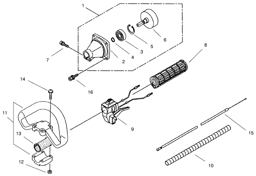Clutch And Handle Assembly Diagram and Parts List for 53008 (0990001 - 0999999)(1999) Lawn Boy Trimmer